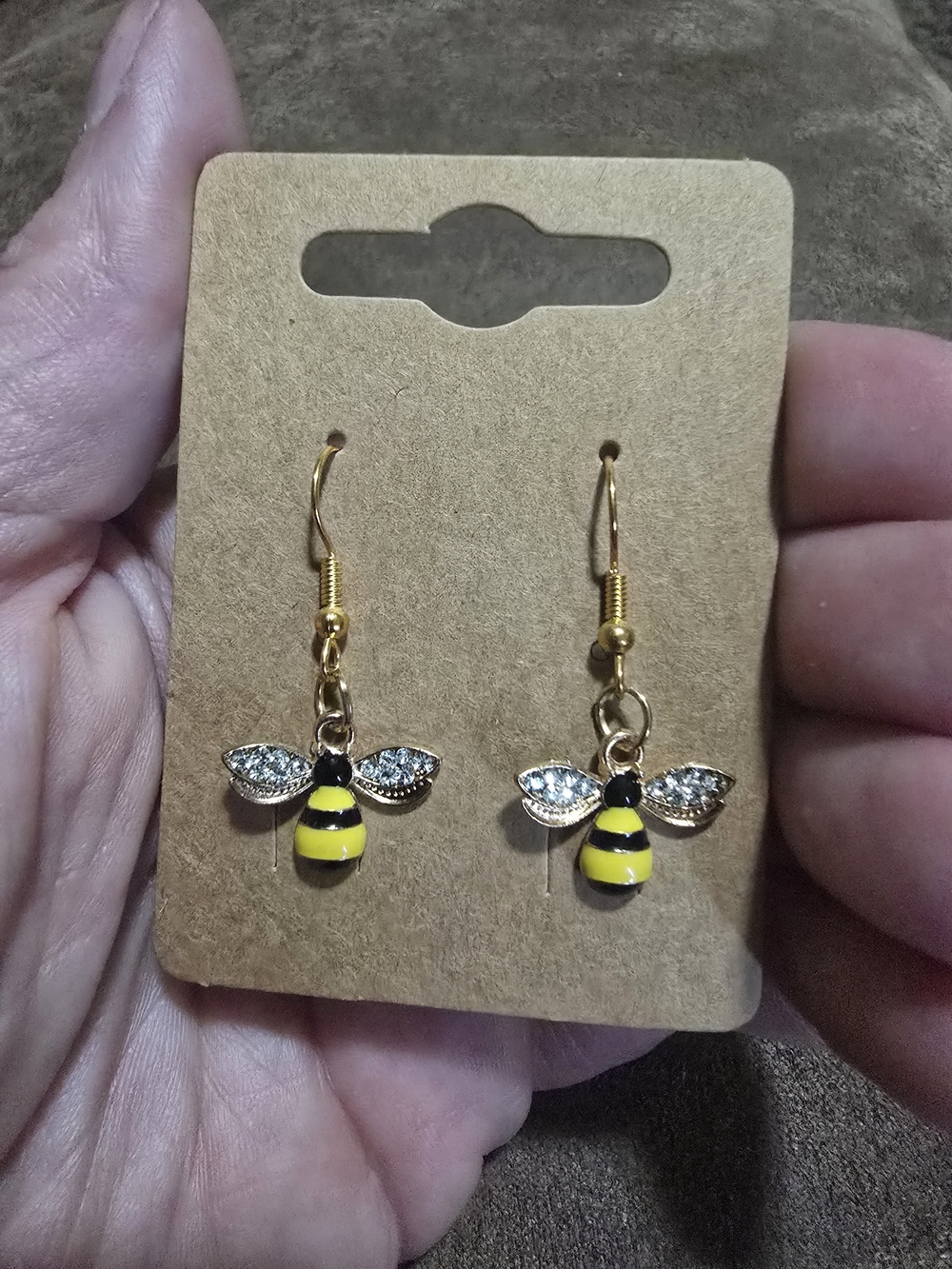 Gold Bee Dangle Earrings with Yellow & Black Enamel Stripes